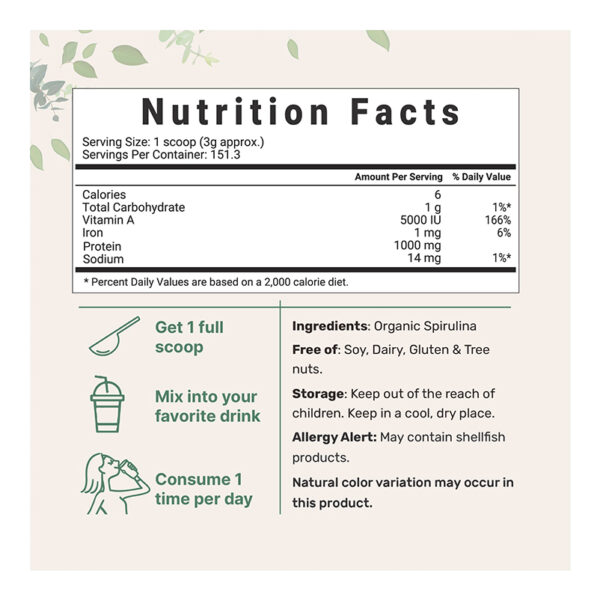 Micro Ingredients Organic Spirulina Powder 454G - Image 2