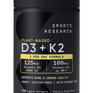 Sports Research Plant-Based Vitamin D3 + K2 Supplement, 5000 IU, 160 Vegan Softgels